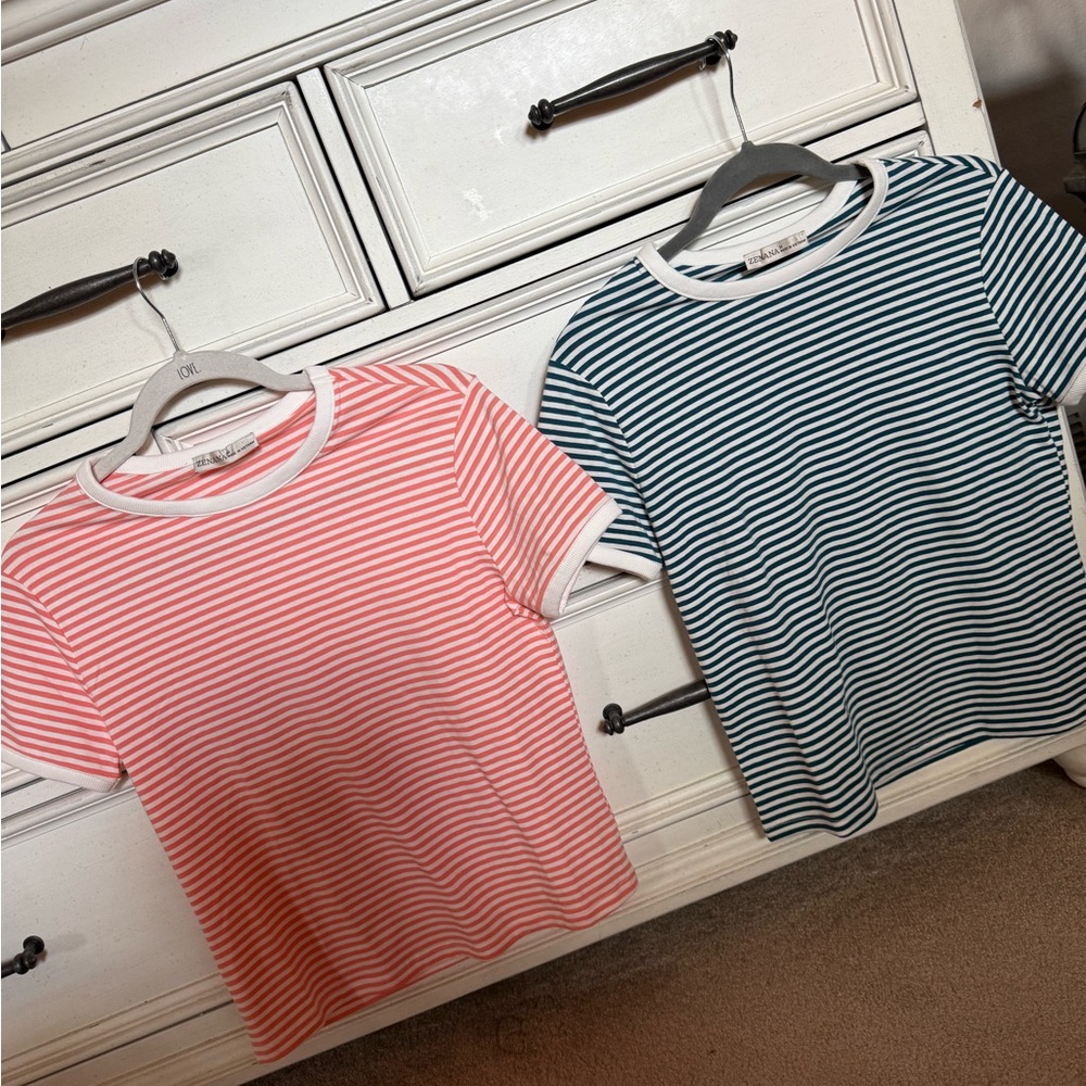 Zenana Outfitters Striped Crewneck Tee - Coral